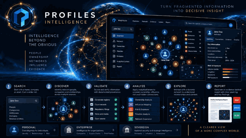 Profiles emblem rotating as a sonar beam reveals fictional network nodes, then illuminates the network on completion